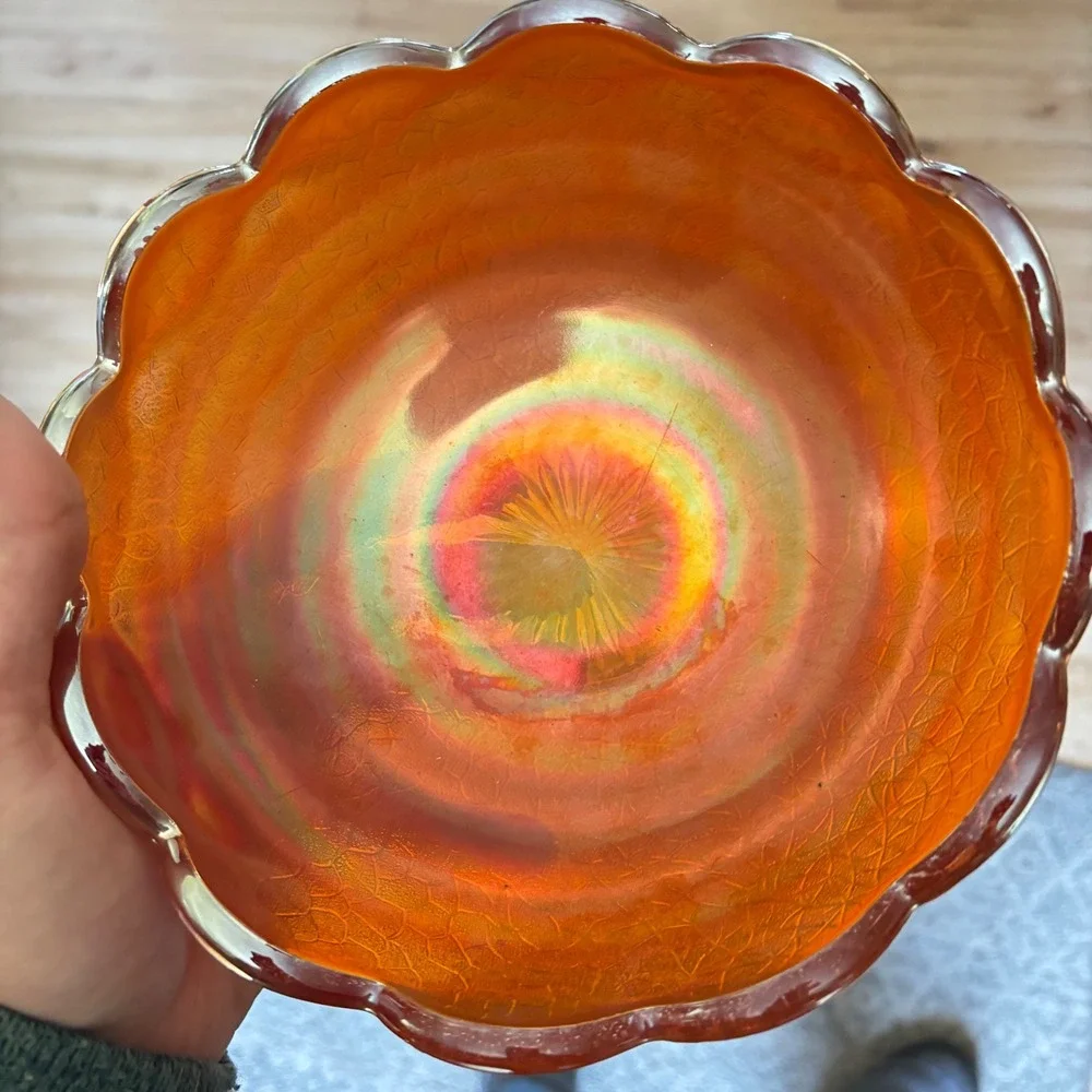 Jeannette Glass Carnival Bowl Marigold Crackle Scalloped Edge Vintage 7‎ inch